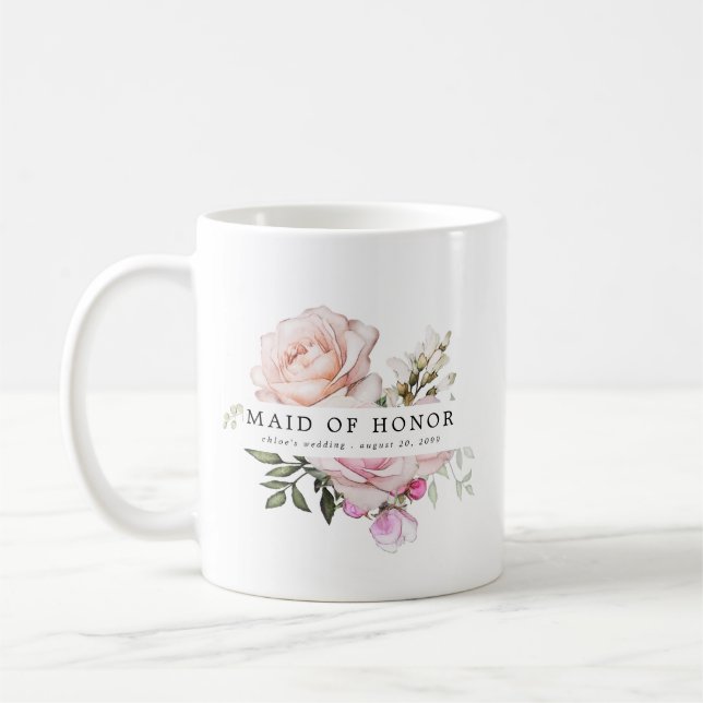 Blush Pink Rose Floral Maid of Honor Coffee Mug (Left)