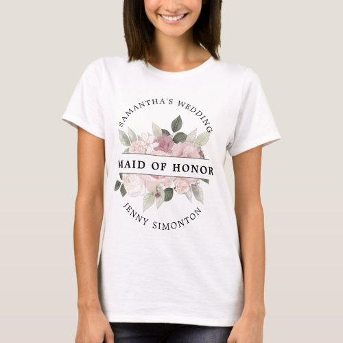Blush Pink Rose Floral Maid of Honor Wedding T_Shirt