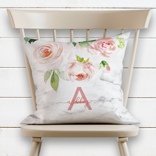 Blush Pink Rose Floral Marble Name Monogram Throw Pillow (Creator Uploaded)
