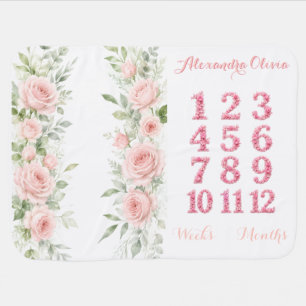 Blush Pink Rose Floral Milestone Baby Blanket