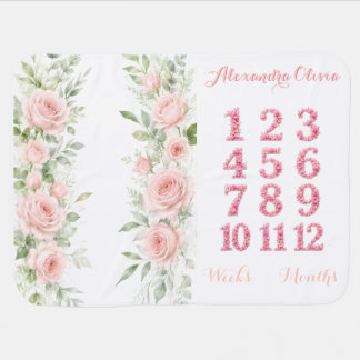 Blush Pink Rose Floral Milestone Baby Blanket