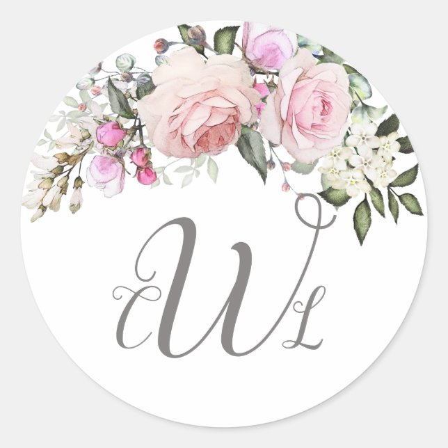 Blush Pink Rose Floral Monogram Classic Round Stic Sticker (Front)