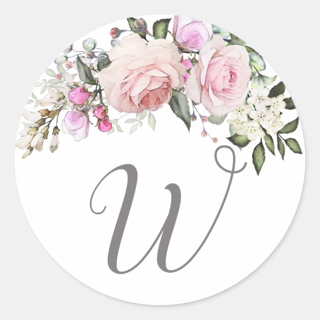 Blush Pink Rose Floral Monogram Classic Round Sticker (Front)