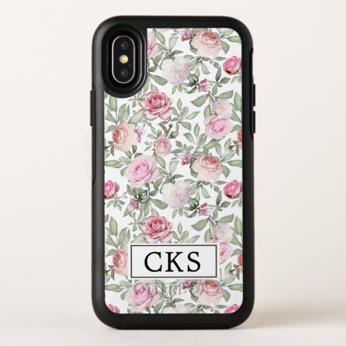 Blush Pink Rose Floral Monogram Initial Chic OtterBox Symmetry iPhone X Case