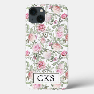 Blush Pink Rose Floral Monogram Initial Elegant iPhone 13 Case
