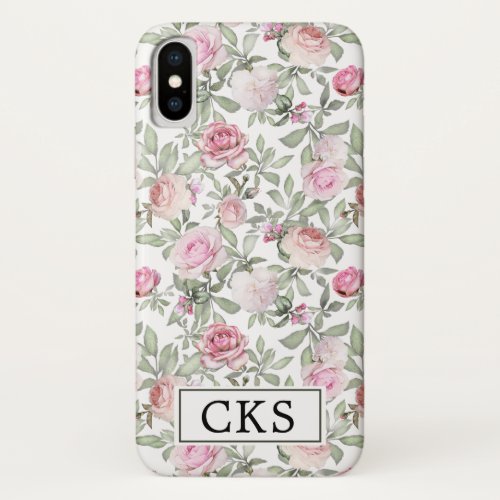 Blush Pink Rose Floral Monogrammed iPhone X Case