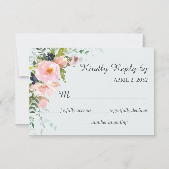 Blush Pink Rose Floral on Light Blue Wedding RSVP Card (Front)