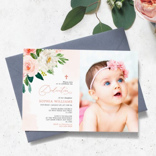 Blush Pink Rose Floral Photo Girl Dedication Invitation