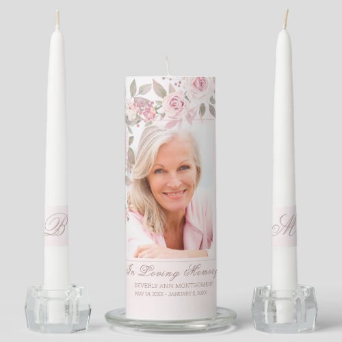 Blush Pink Rose Floral Photo Name Memorial Unity Candle Set