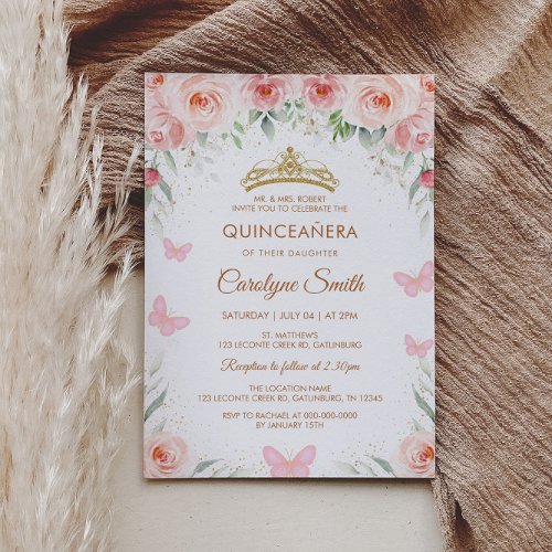 Blush Pink Rose Floral Quinceaera Butterfly Invitation
