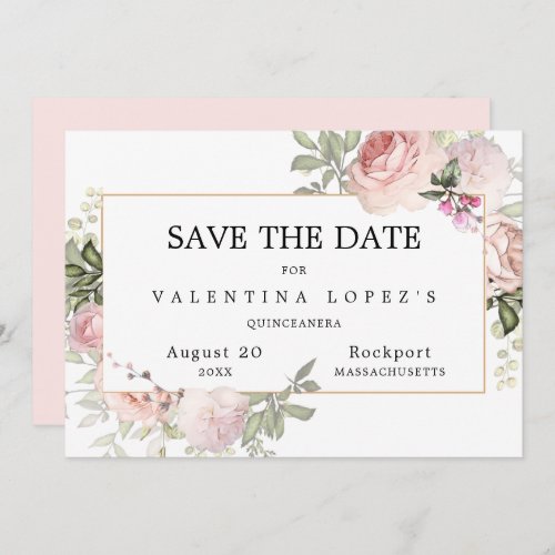 Blush Pink Rose Floral Quinceanera Save The Date