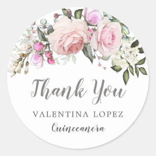 Blush Pink Rose Floral Quinceanera Thank You Classic Round Sticker