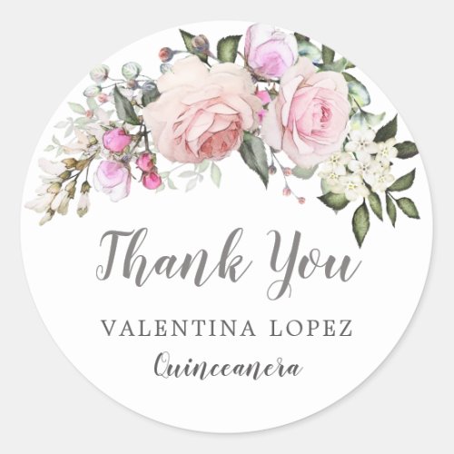Blush Pink Rose Floral Quinceanera Thank You Classic Round Sticker