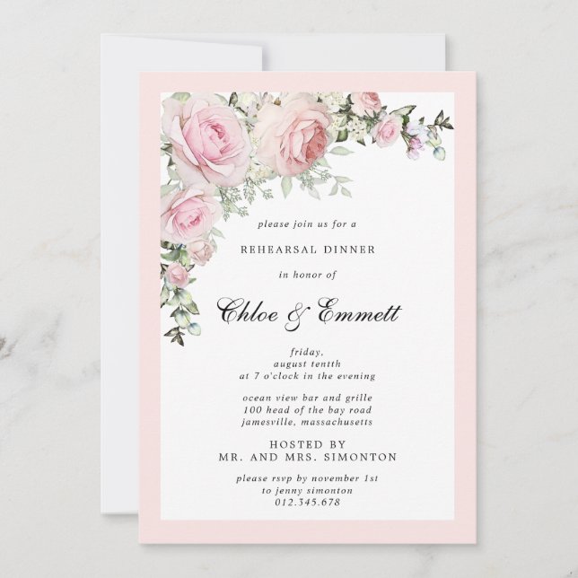 Blush Pink Rose Floral Rehearsal Dinner Invitation (Front)