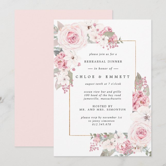 Blush Pink Rose Floral Rehearsal Dinner Invitation (Front/Back)