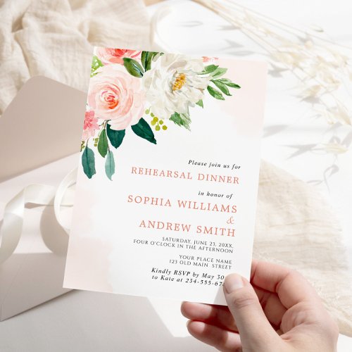 Blush Pink Rose Floral Rehearsal Dinner Invitation