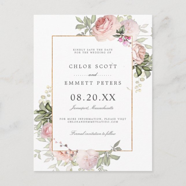 Blush Pink Rose Floral Save The Date Postcard (Front)