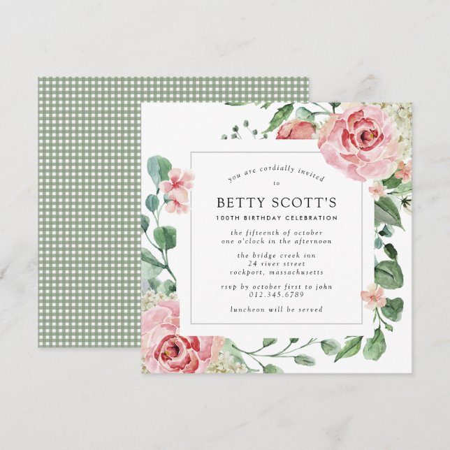 Blush Pink Rose Floral Square 100th Birthday Party Invitation (Front/Back)
