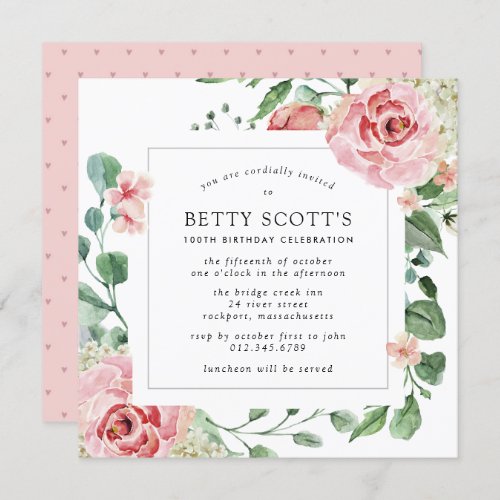 Blush Pink Rose Floral Square 100th Birthday Party Invitation