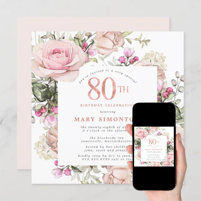 Blush Pink Rose Floral Square 80th Birthday Party Invitation | Zazzle