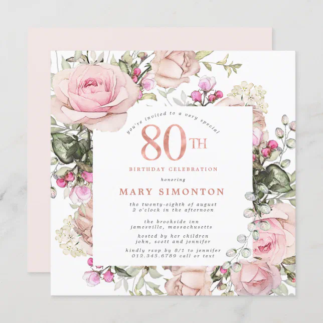 Blush Pink Rose Floral Square 80th Birthday Party Invitation | Zazzle