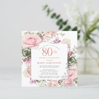 Blush Pink Rose Floral Square 80th Birthday Party Invitation | Zazzle