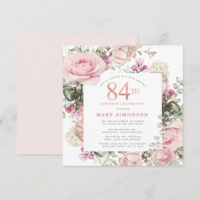Blush Pink Rose Floral Square 84th Birthday Party Invitation (Front/Back)