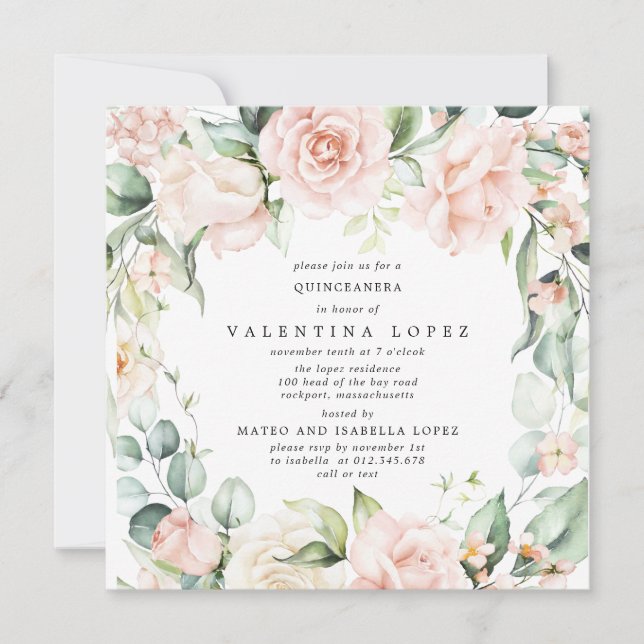 Blush Pink Rose Floral Square Quinceanera Invitation (Front)