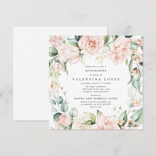 Blush Pink Rose Floral Square Quinceanera Invitation (Front/Back)