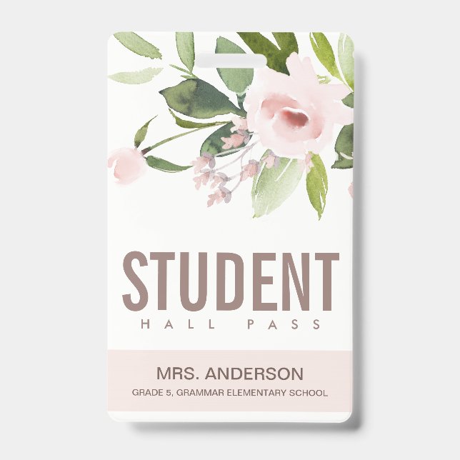 BLUSH PINK ROSE FLORAL STUDENT TEACHER HALL PASS BADGE (Front)