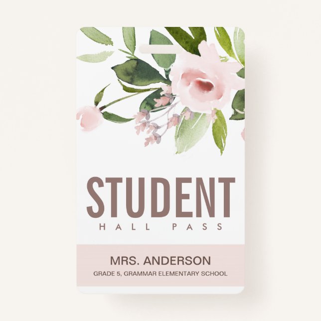 BLUSH PINK ROSE FLORAL STUDENT TEACHER HALL PASS BADGE (Front)