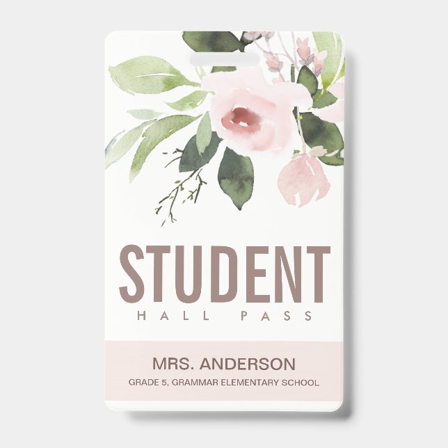 BLUSH PINK ROSE FLORAL STUDENT TEACHER HALL PASS BADGE (Front)