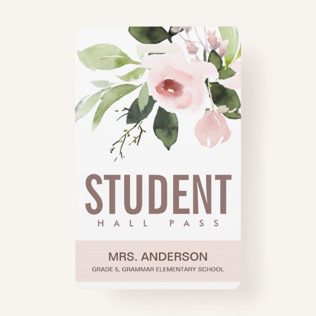BLUSH PINK ROSE FLORAL STUDENT TEACHER HALL PASS BADGE (Front)