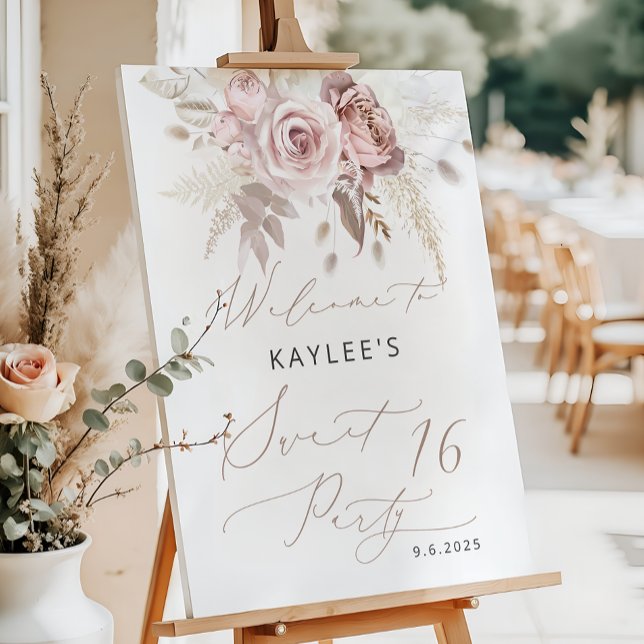 Blush Pink Rose Floral Sweet 16 Birthday Welcome Foam Board (Creator Uploaded)