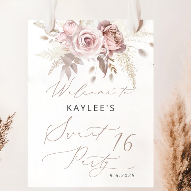 Blush Pink Rose Floral Sweet 16 Birthday Welcome Poster (Creator Uploaded)