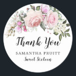 Blush Pink Rose Floral Sweet 16 Thank You Classic Round Sticker<br><div class="desc">Elegant pink rose floral sweet sixteen thank you sticker. Pink roses and white hydrangea flowers are nestled in soft sage green leaves. They form a spray at the top of the envelope seal. Thank You is written in a lovely and popular script. The girl's name is written below in a...</div>