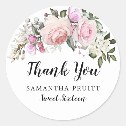 Blush Pink Rose Floral Sweet 16 Thank You Classic Round Sticker