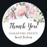 Blush Pink Rose Floral Sweet 16 Thank You Classic Round Sticker<br><div class="desc">Elegant pink rose floral sweet sixteen thank you sticker. Pink roses and white hydrangea flowers are nestled in soft sage green leaves. They form a spray at the top of the envelope seal. Thank You is written in a lovely and popular script. The girl's name is written below in a...</div>