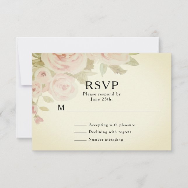 Blush Pink Rose Floral Vintage Boho Wedding RSVP Card (Front)