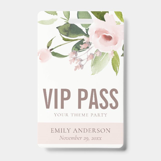 BLUSH PINK ROSE FLORAL VIP ANY THEME PARTY PASS BADGE (Front)