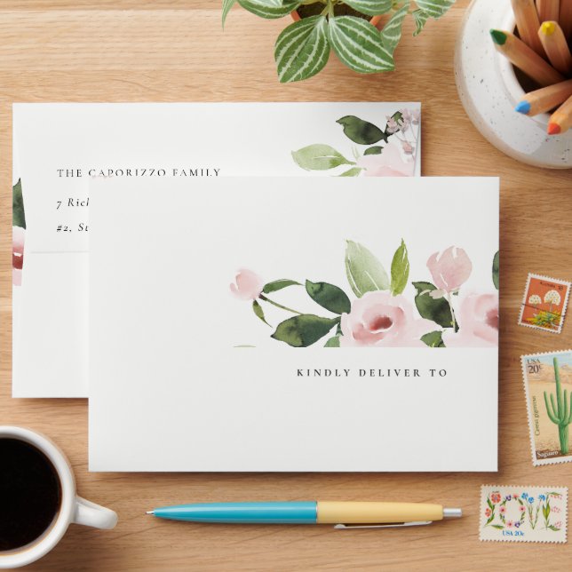 Blush Pink Rose Floral Watercolor Botanical Envelope (Desk)