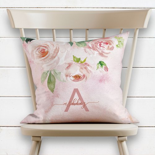 Blush Pink Rose Floral Watercolor Name Monogram Throw Pillow
