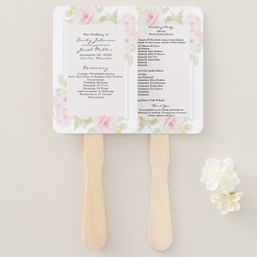 Blush Pink Rose Floral Watercolor Wed Program Hand Fan