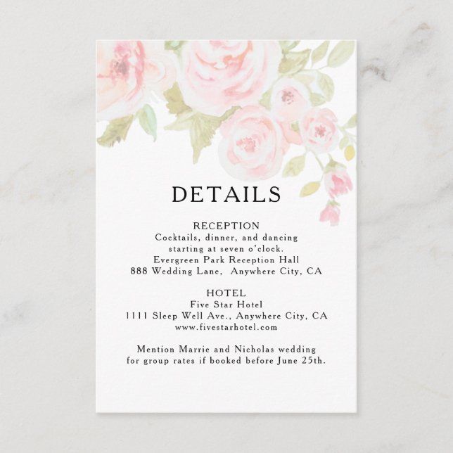 Blush Pink Rose Floral Watercolor Wedding Details  Enclosure Card (Front)