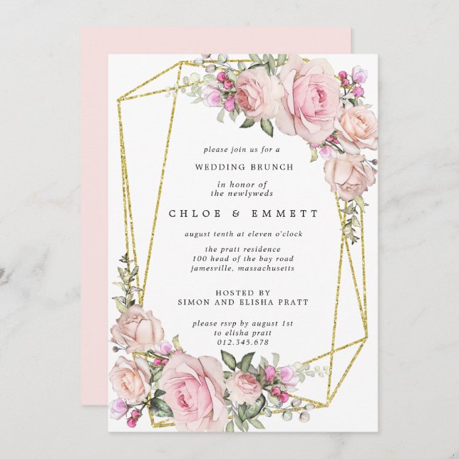 Blush Pink Rose Floral Wedding Brunch Invitation (Front/Back)