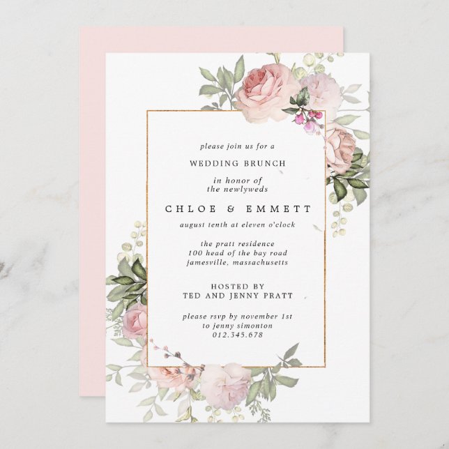 Blush Pink Rose Floral Wedding Brunch Invitation (Front/Back)