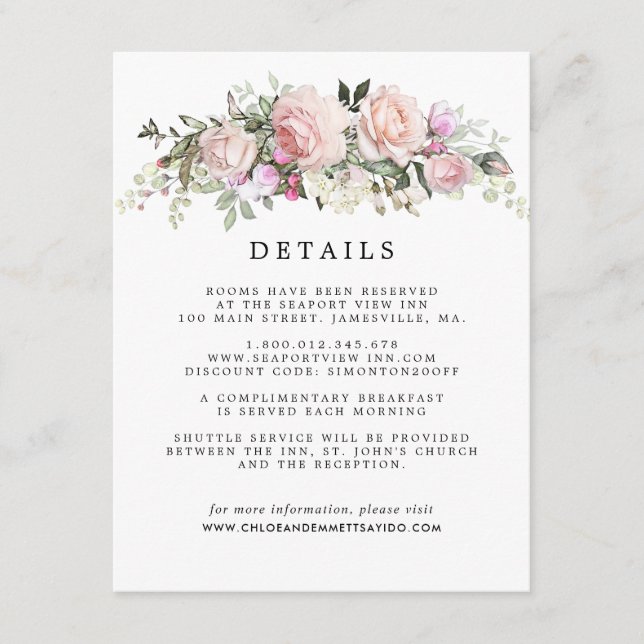 Blush Pink Rose Floral Wedding Guest Details Enclosure Card (Front)