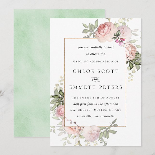 Blush Pink Rose Floral Wedding Invitation (Front/Back)