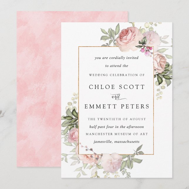Blush Pink Rose Floral Wedding Invitation (Front/Back)