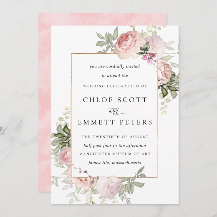 Blush Pink Rose Floral Wedding Invitation 